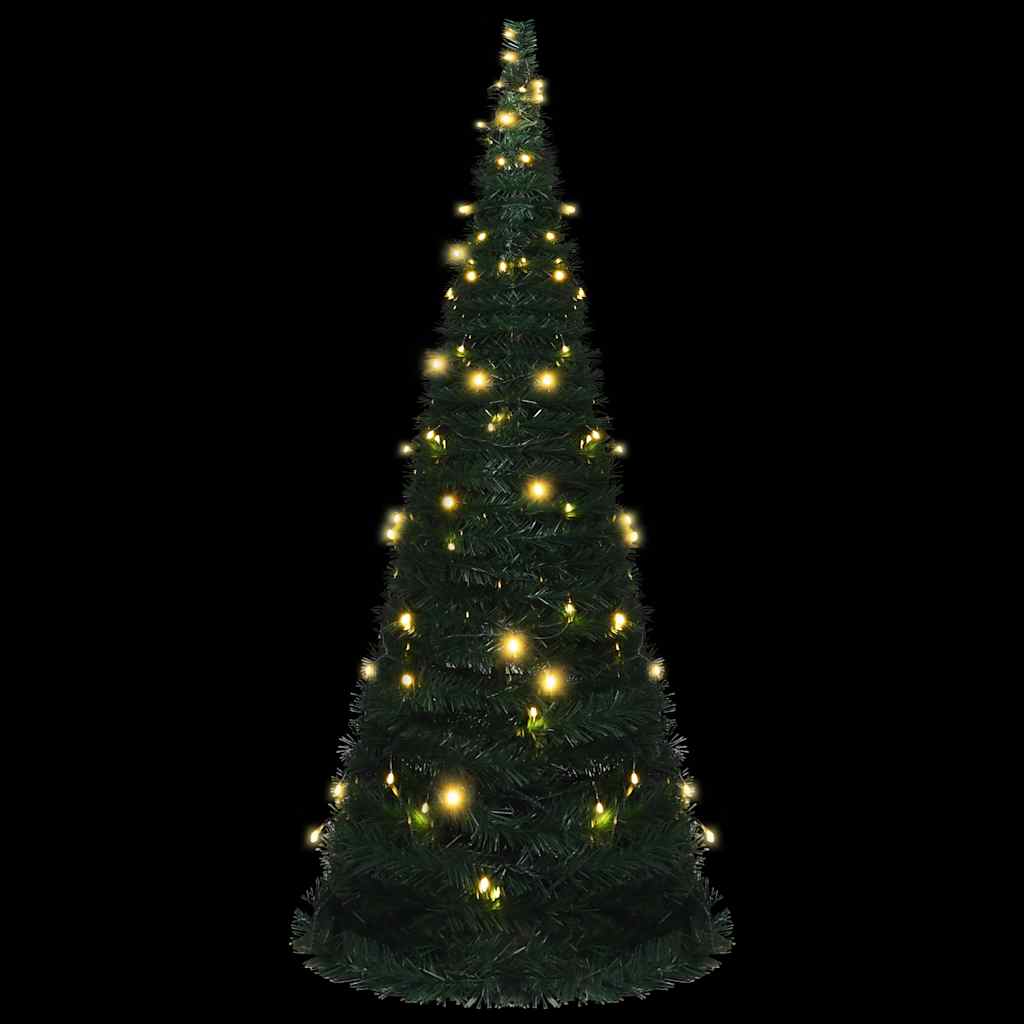 A 7ft green PVC pop-up pre-lit artificial Christmas tree with warm LED lights.
