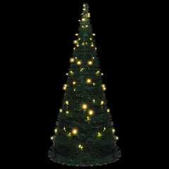 A 7ft green PVC pop-up pre-lit artificial Christmas tree with warm LED lights.