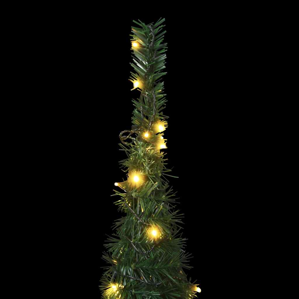 A 7ft green PVC artificial Christmas tree with pop-up frame and warm white LED lights.