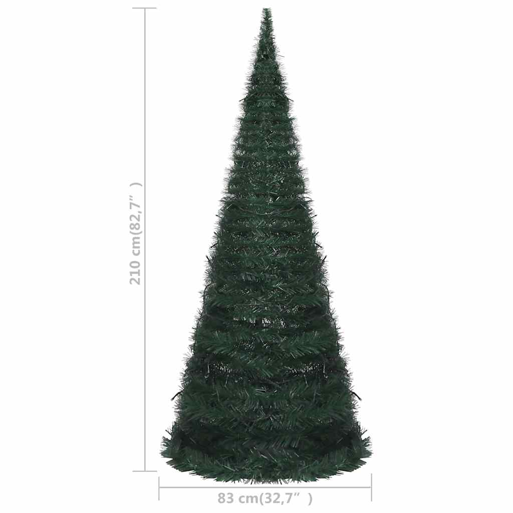 A 7ft green PVC pop-up pre-lit artificial Christmas tree, shown with height measurements.