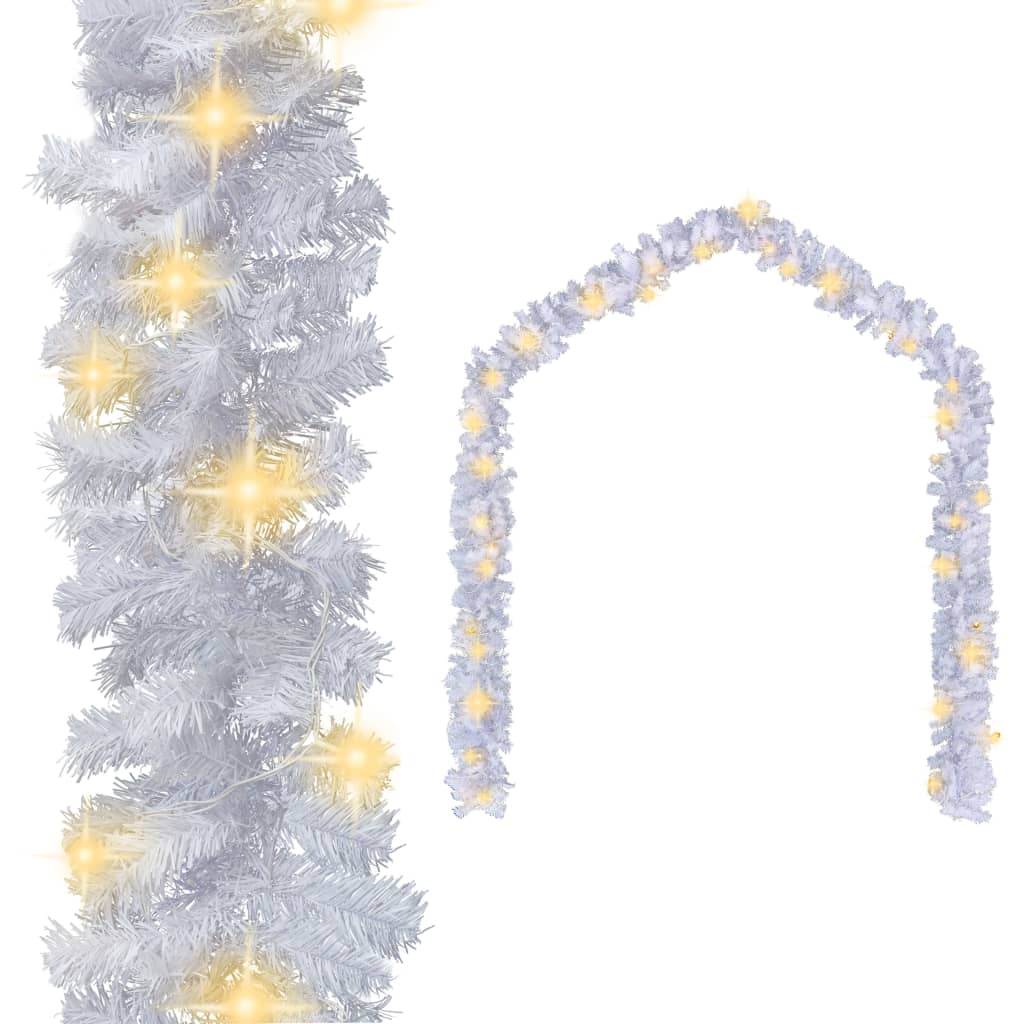 White 16 ft PVC Christmas garland with warm white LED lights and bendable branches.