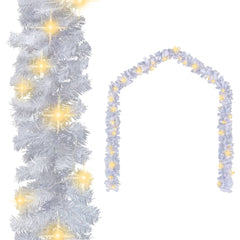 White 16 ft PVC Christmas garland with warm white LED lights and bendable branches.