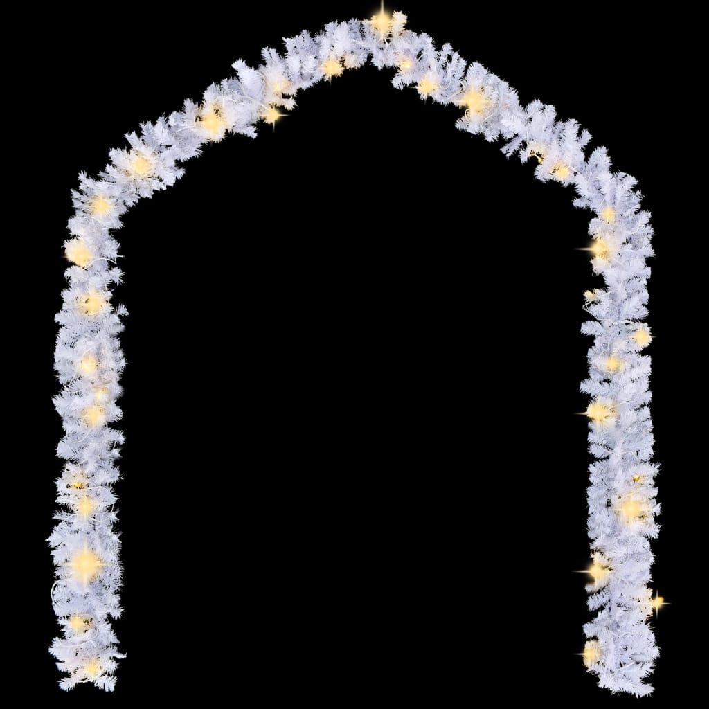 White 16 ft PVC Christmas garland with warm LED lights and bendable branches.