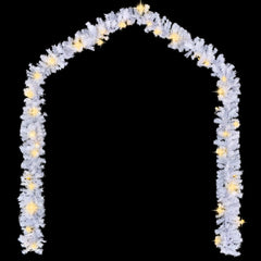 White 16 ft PVC Christmas garland with warm LED lights and bendable branches.