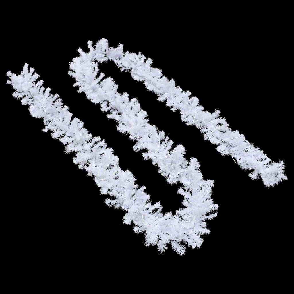 White 16 ft PVC Christmas garland with 75 warm-white LED lights and bendable branches.