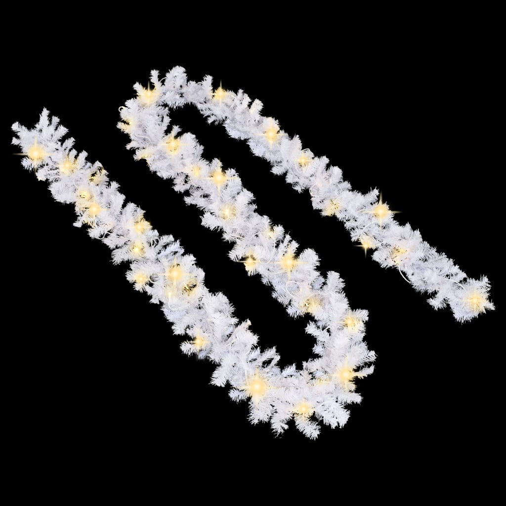 White 16 ft PVC Christmas garland with warm white LED lights.