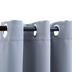 Two gray blackout curtain panels with metal rings on a rod, measuring 37x95 inches.