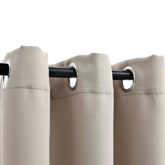 Two beige blackout curtain panels, 37x63 inches, with metal rings on a rod.