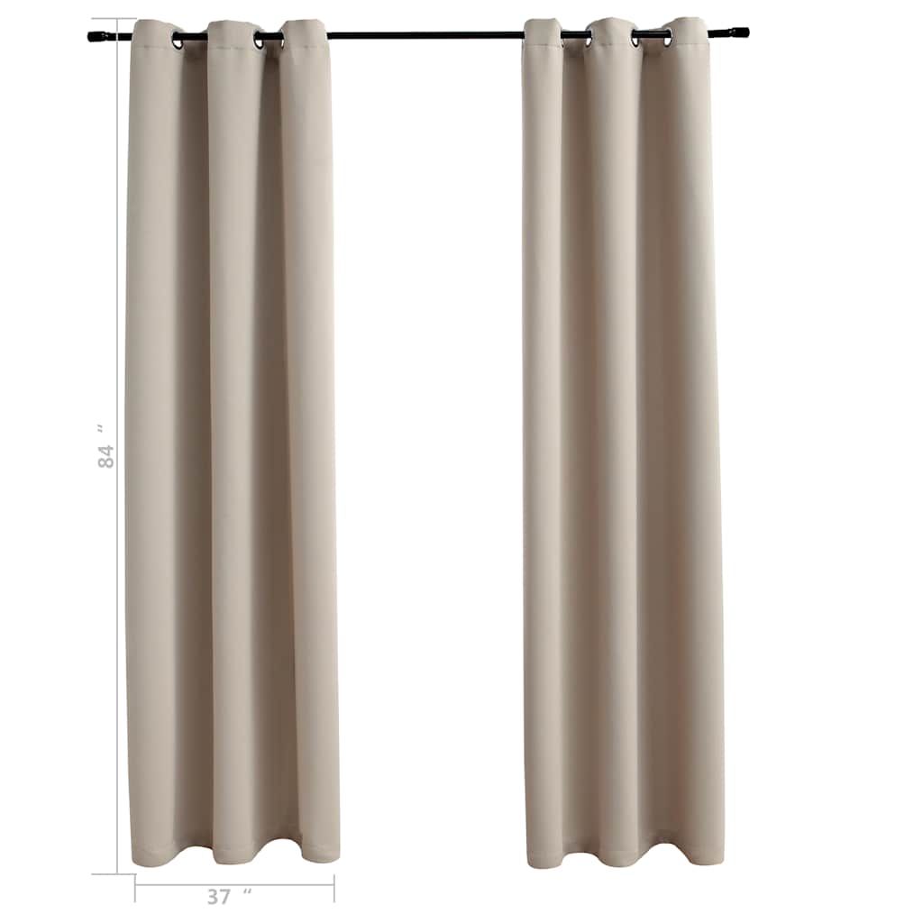 Two beige blackout curtain panels, 37x84 inches each, with grommet rings.