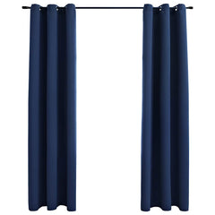 Two navy blue blackout curtains, 37x63 inches each, with rings, hung on a rod.