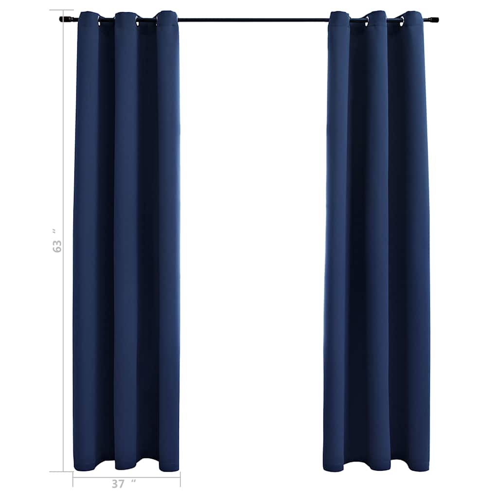 Two navy blue blackout curtains, 37x63 inches each, with rings, shown on a rod.