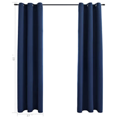 Two navy blue blackout curtains, 37x63 inches each, with rings, shown on a rod.