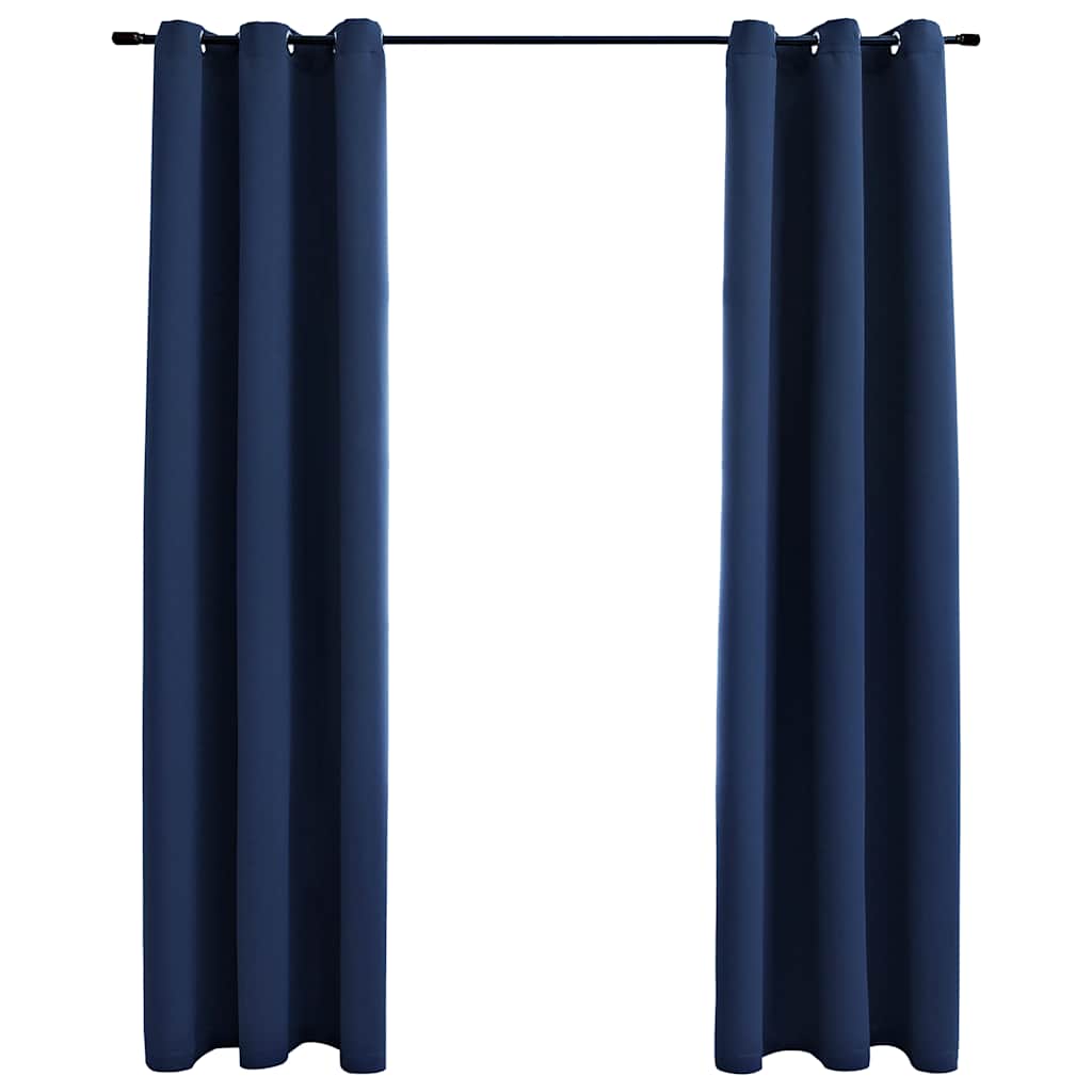 Two navy blue blackout curtain panels with rings, each measuring 37x84 inches.