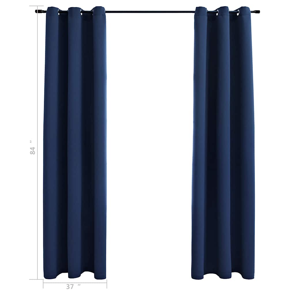Two navy blue blackout curtains with rings, each 37x84 inches, shown hanging on a rod.