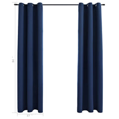 Two navy blue blackout curtains with rings, each 37x84 inches, shown hanging on a rod.