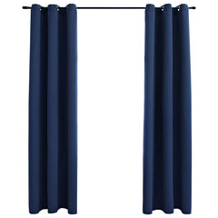 Two navy blue blackout curtains, 37x95 inches each, with grommet rings, shown hanging on a rod.