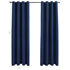 Two navy blue blackout curtains, each 37x95 inches with grommet rings, shown hanging on a rod.