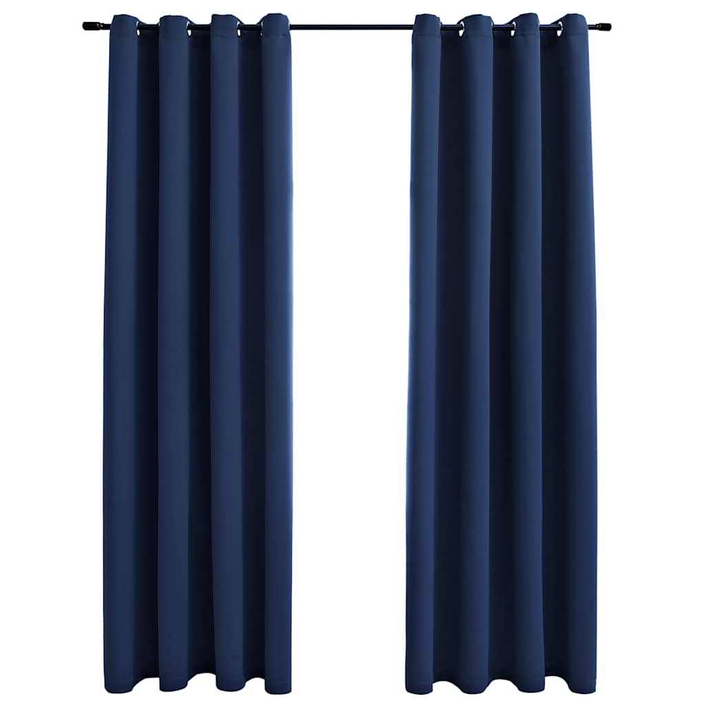 Two navy blue blackout curtain panels, 54x63 inches each, with grommet rings.