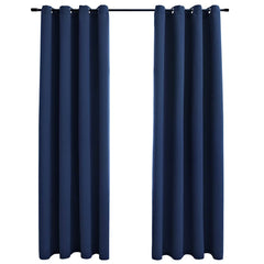Two navy blue blackout curtain panels, 54x63 inches each, with grommet rings.