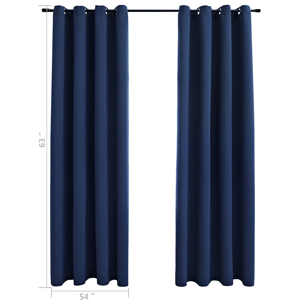 Two navy blue blackout curtain panels with rings, each measuring 54x63 inches.