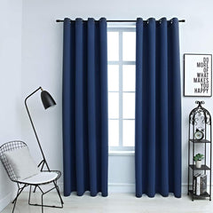 Two navy blue blackout curtain panels with rings, each measuring 54x63 inches.