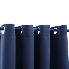 Two navy blue blackout curtains with grommet rings, each 54x95 inches, hung on a rod.