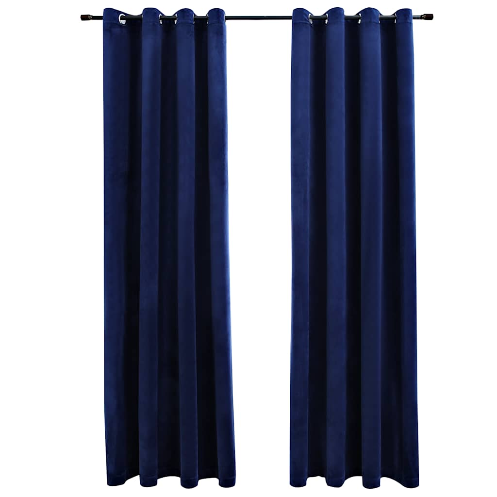 Two navy blue velvet blackout curtains, 54x63 inches each, with metal rings, hung on a rod.