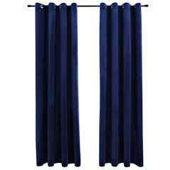 Two navy blue velvet blackout curtains, 54x63 inches each, with metal rings, hung on a rod.