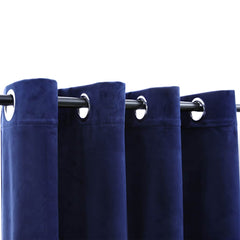 Navy blue velvet blackout curtains with grommets on a rod, two panels 54x63 inches.