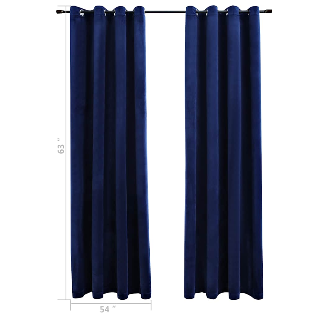 Two navy blue velvet blackout curtains, 54x63 inches each, with grommet rings on a rod.