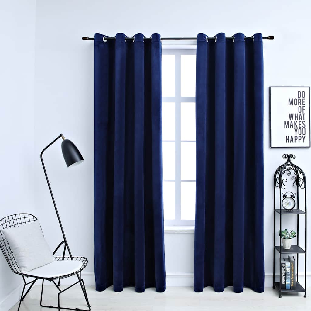 Two navy blue velvet blackout curtains with metal rings, 54x63 inches each, 2 pack.