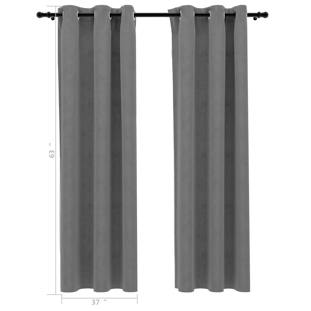 Two gray velvet blackout curtains, 37x63 inches each, with pre-installed rings on a rod.