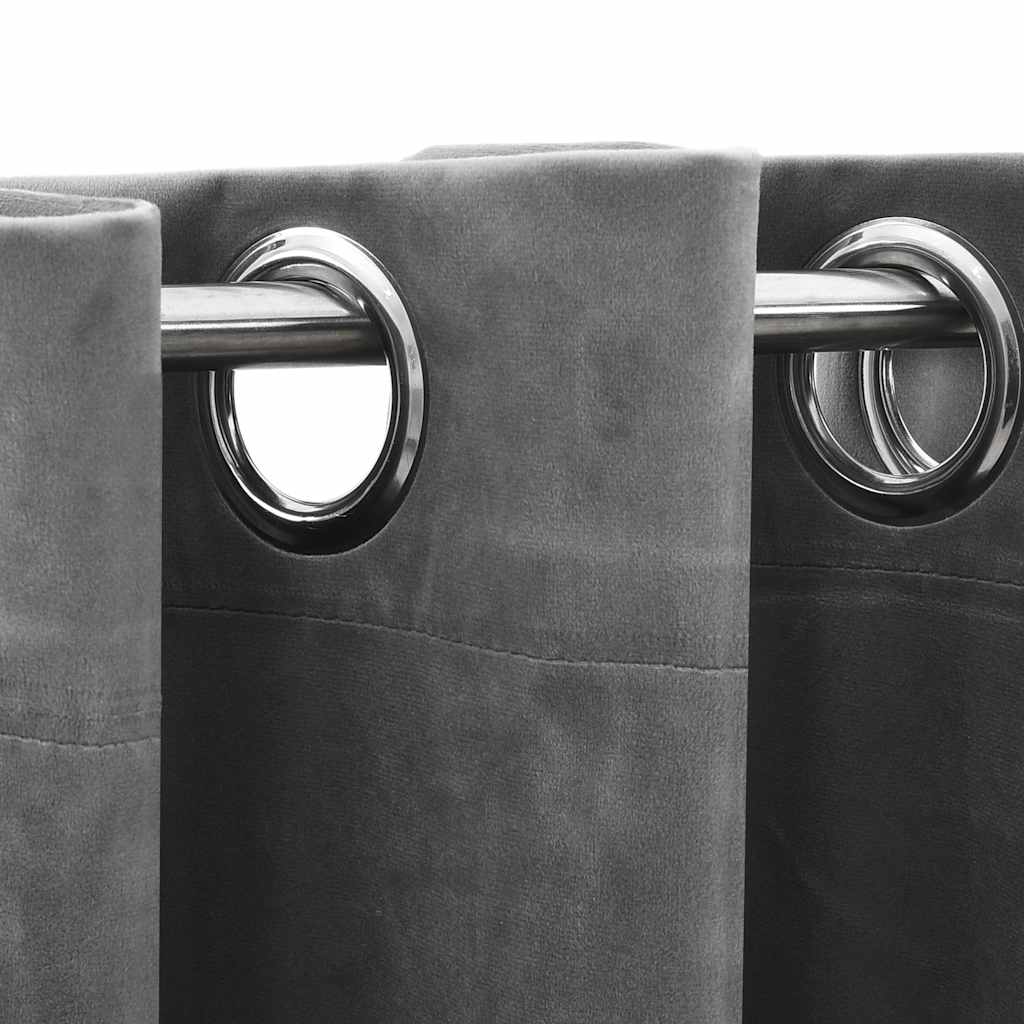 Gray velvet blackout curtains with metal rings, shown as a 2-pack pair.