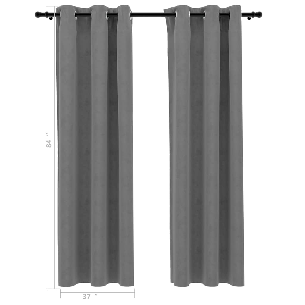 Pair of gray velvet blackout curtains, 37x84 inches each, with grommet rings, hung on a rod.