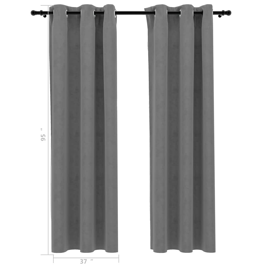 Two gray velvet blackout curtains, 37x95 inches each, with rings, shown hanging as a pair.