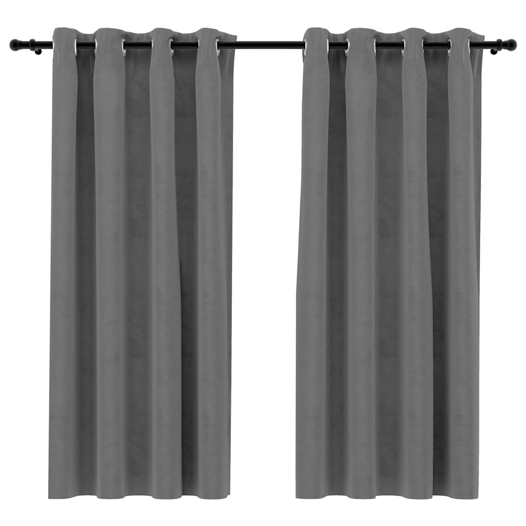 Pair of gray velvet blackout curtains, 54x63 inches each, with rings on a rod.