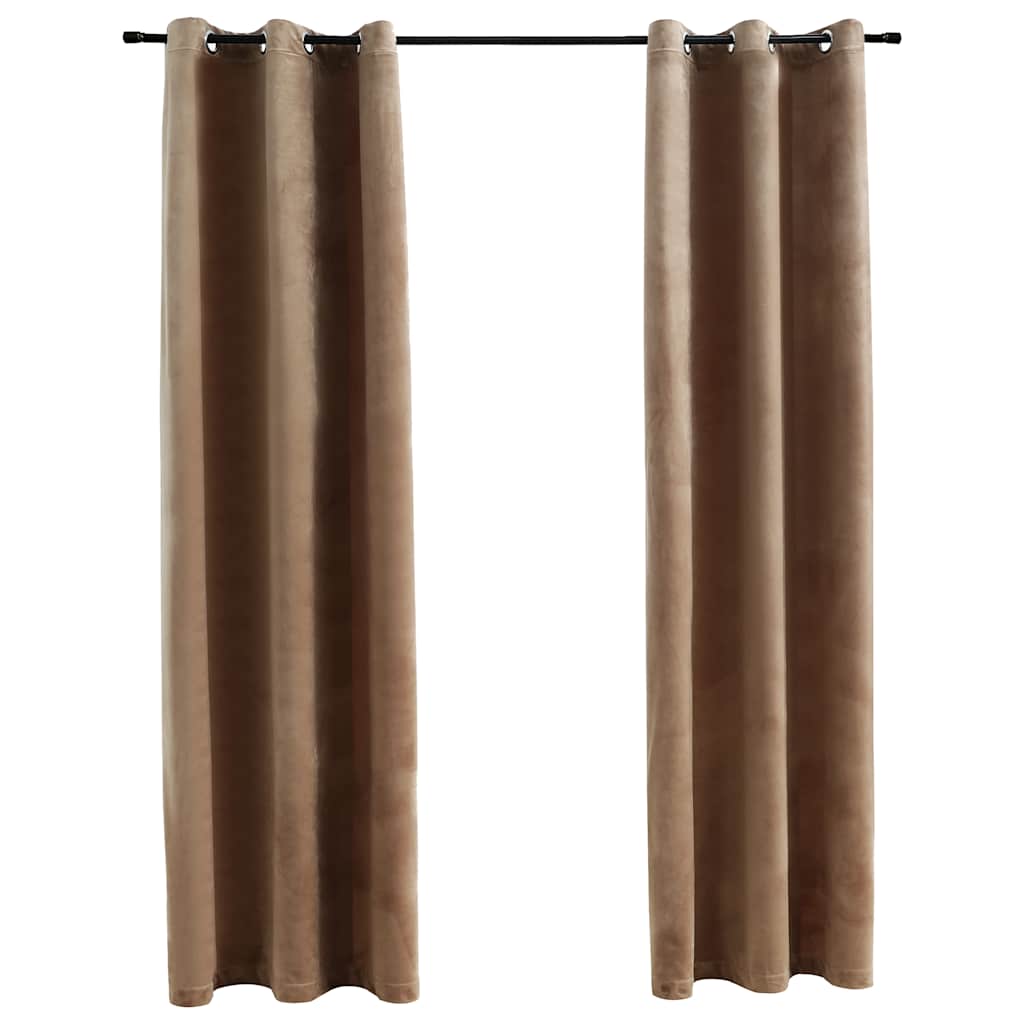 Two beige velvet blackout curtain panels, 37x63 inches, with pre-installed rings for hanging.