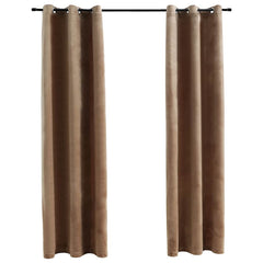 Two beige velvet blackout curtain panels, 37x63 inches, with pre-installed rings for hanging.