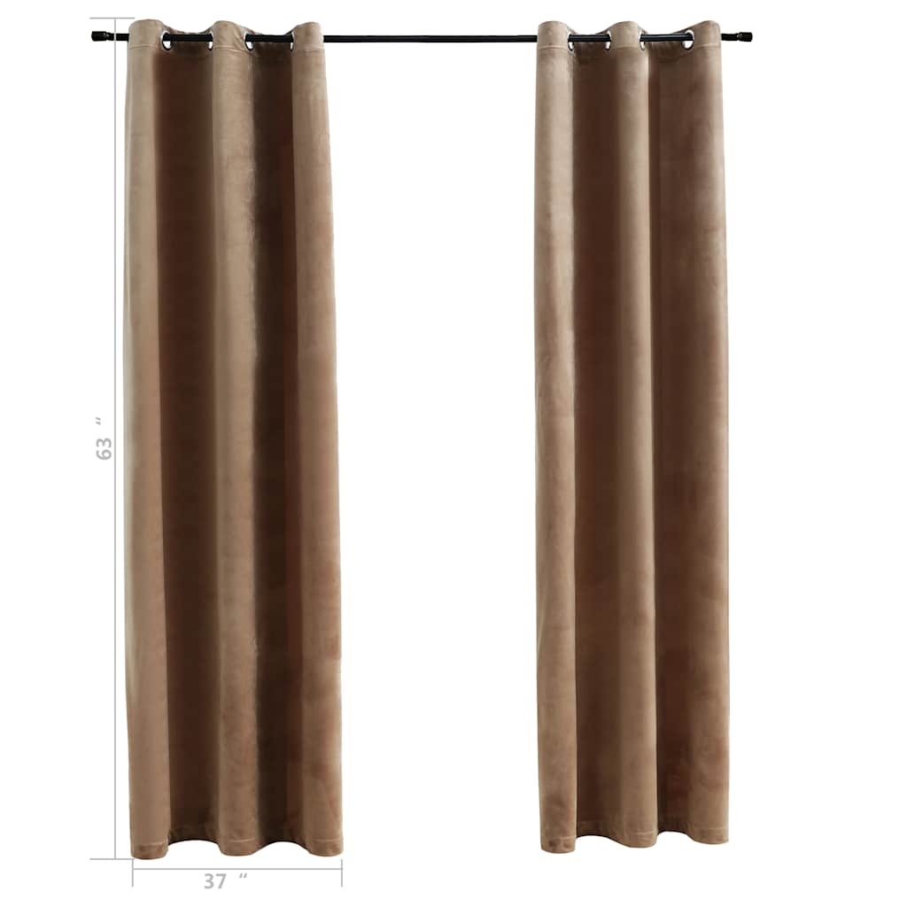 Pair of beige velvet blackout curtains, 37x63 inches, with rings on a rod.