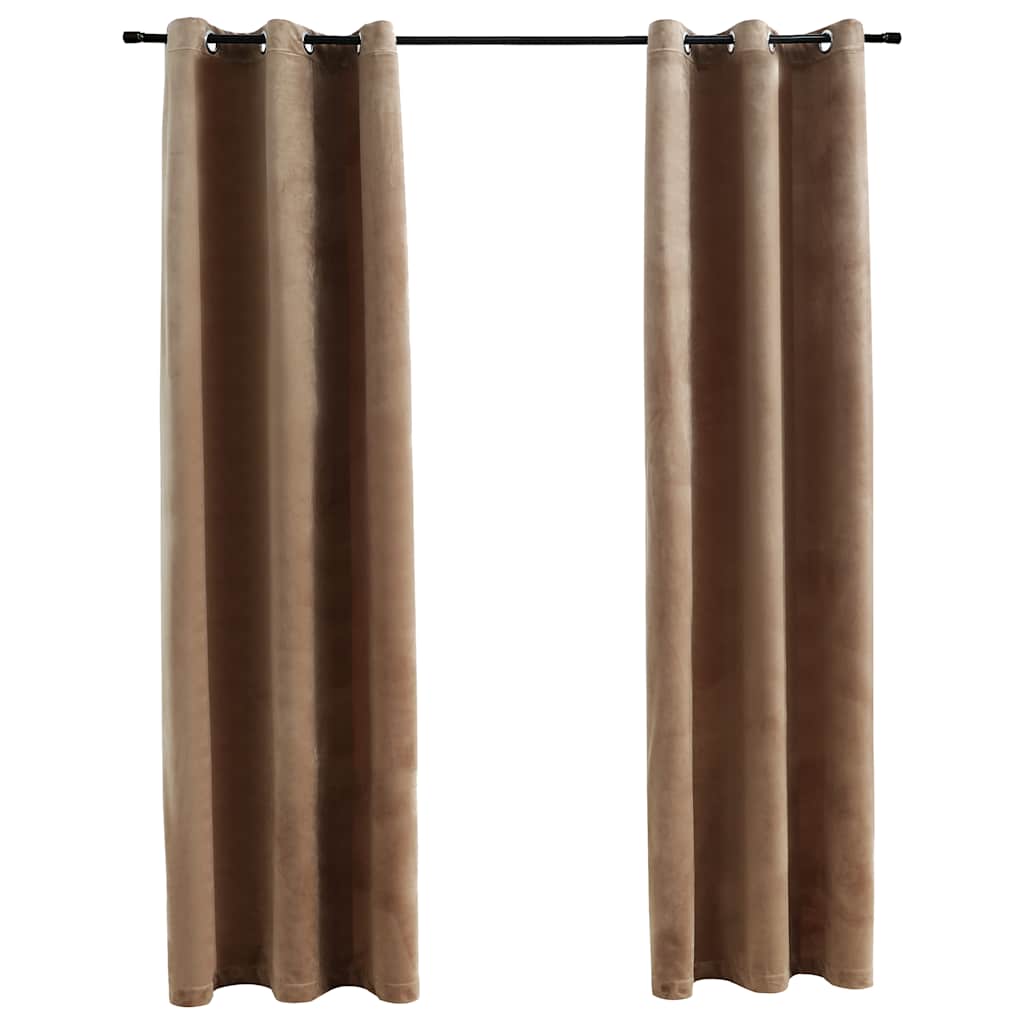 Two beige velvet blackout curtains with rings, each measuring 37 by 95 inches.