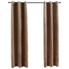 Two beige velvet blackout curtains with rings, each measuring 37 by 95 inches.