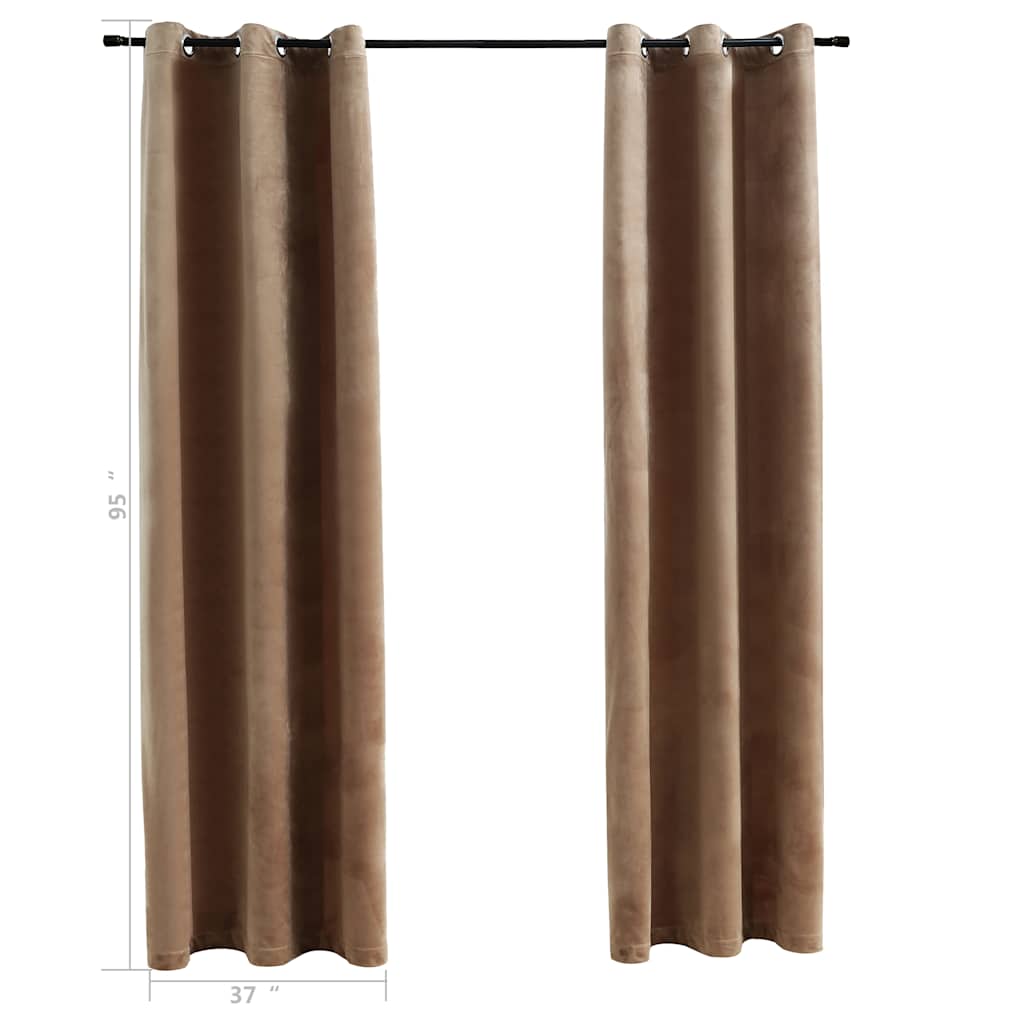 Two beige velvet blackout curtains, 37x95 inches each, with rings, in a 2-pack.