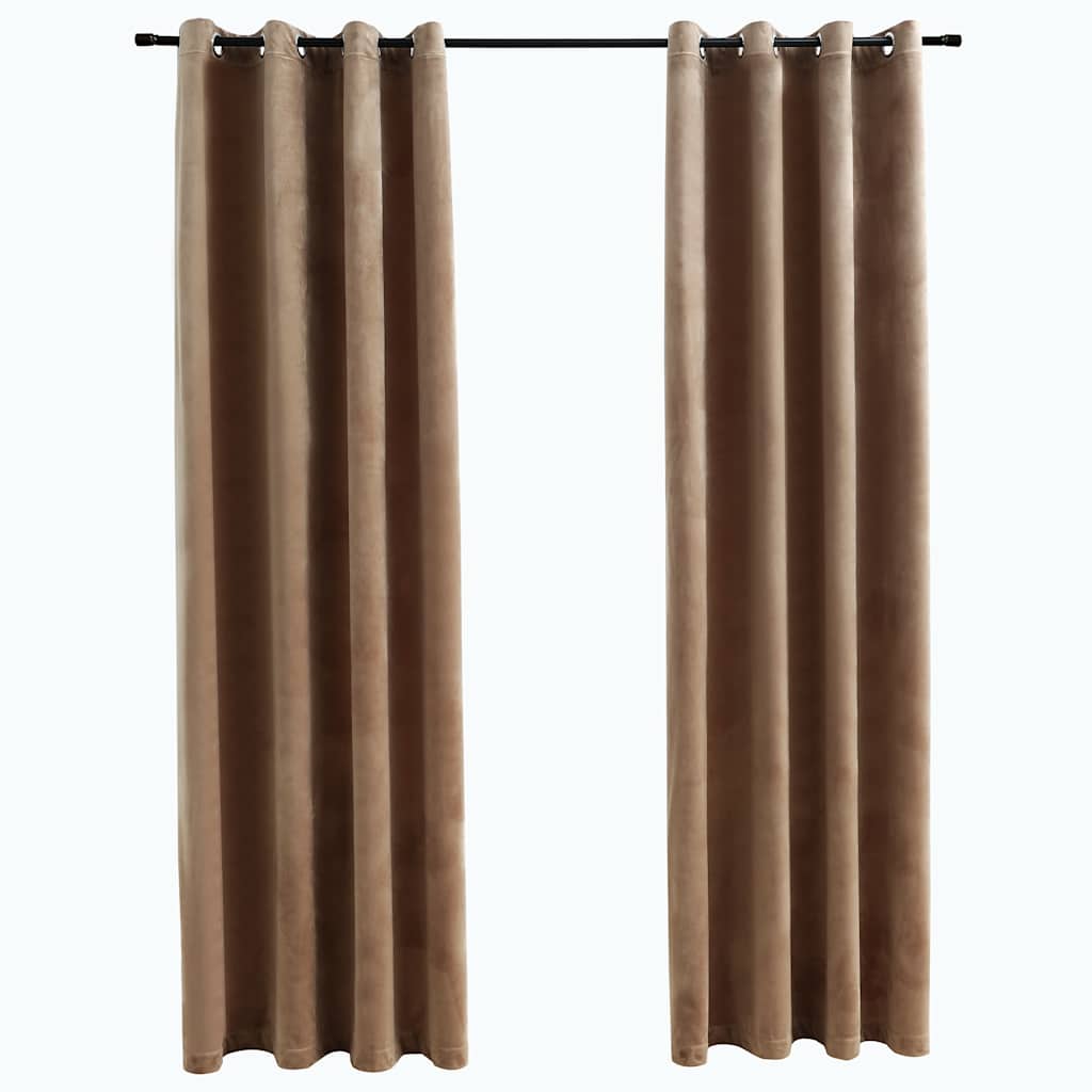 Two beige velvet blackout curtain panels with rings, 54x63 inches each.