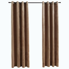Two beige velvet blackout curtain panels with rings, 54x63 inches each.