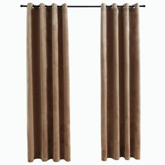 Pair of beige velvet blackout curtains, 54x84 inches each, with rings on a rod.