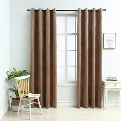Two beige velvet blackout curtains, 54x84 inches each with rings, hanging in a light room.