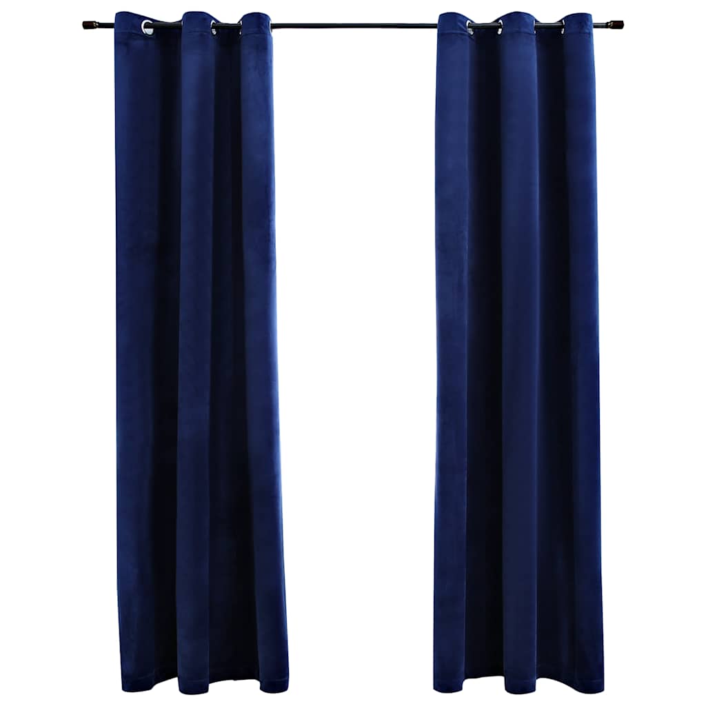 Two navy blue velvet blackout curtain panels, 37x63 inches each, with rings.
