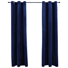 Two navy blue velvet blackout curtain panels, 37x63 inches each, with rings.