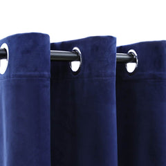 Two navy blue velvet blackout curtain panels, 37x63 inches each, with metal rings.