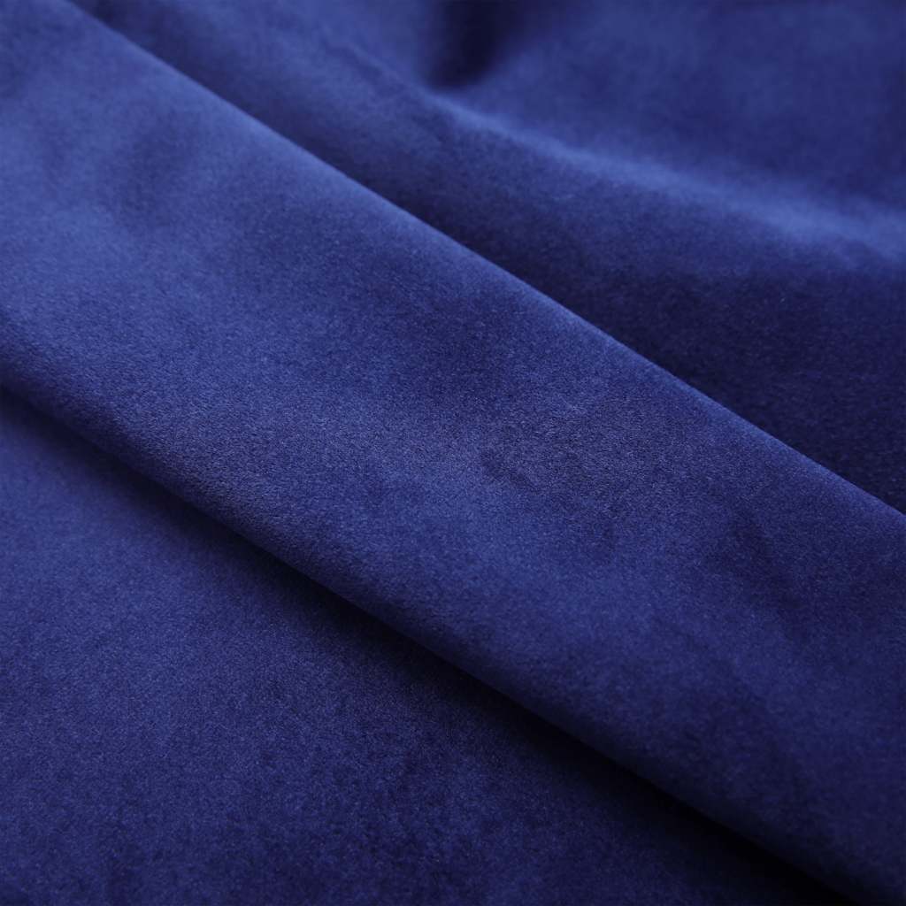 Two navy blue velvet blackout curtain panels with rings, each 37x63 inches.